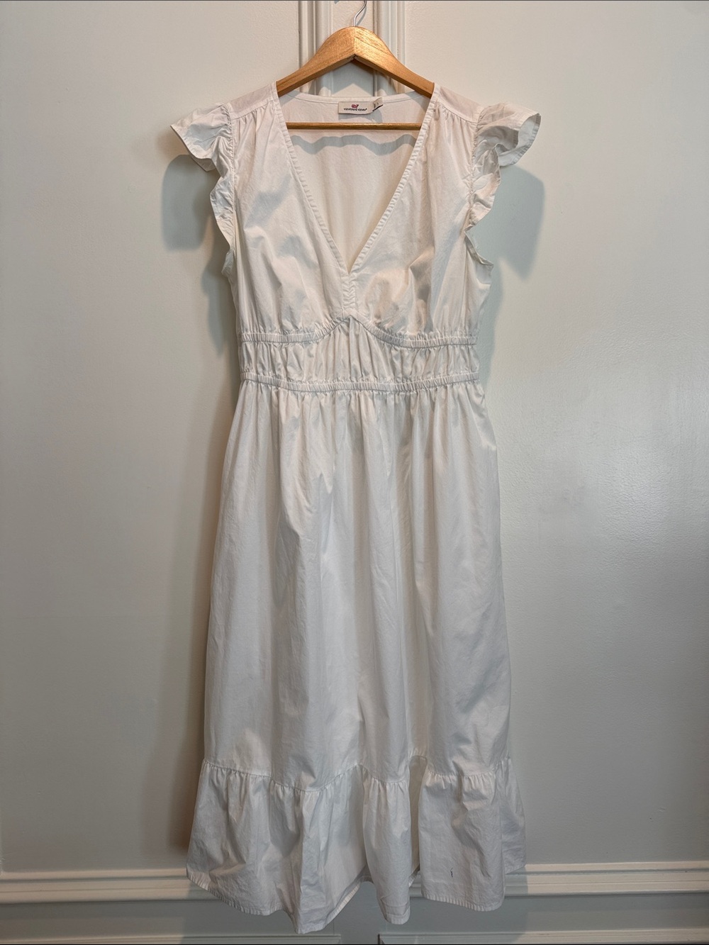 Vineyard Vines White V-Neck Ruffle Sleeve Midi Dress